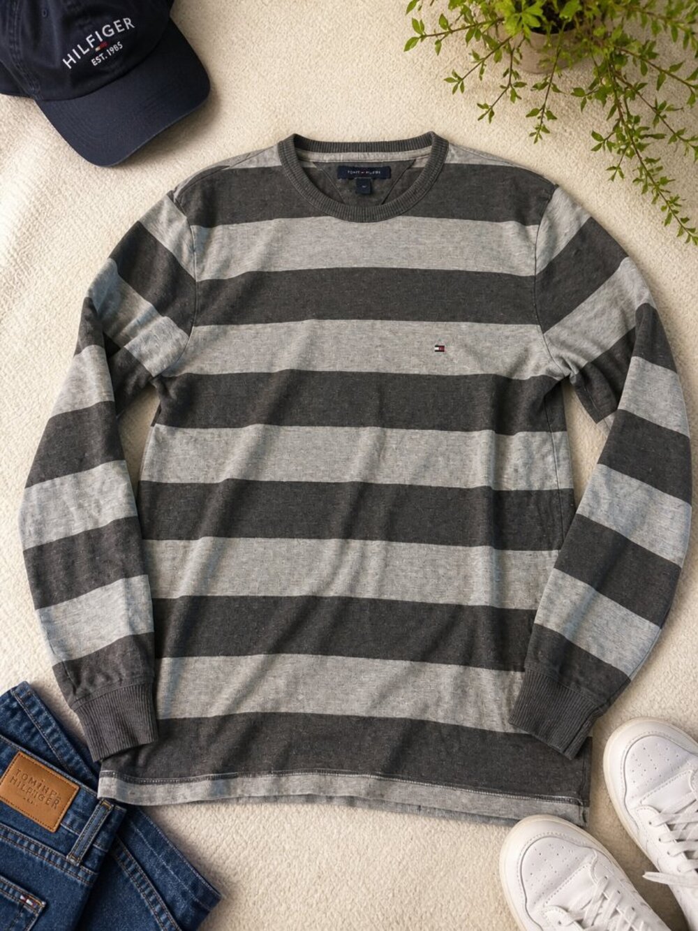 Tommy Hilfiger Gray Striped Crewneck Knit Sweater‎ Pullover Mens M Preppy Y2K